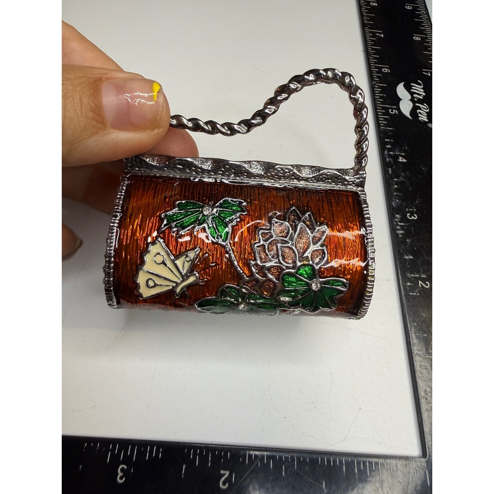 Enameled Handbag Trinket Box Orange Butterfly Floral Rhinestone Heart Mini Case